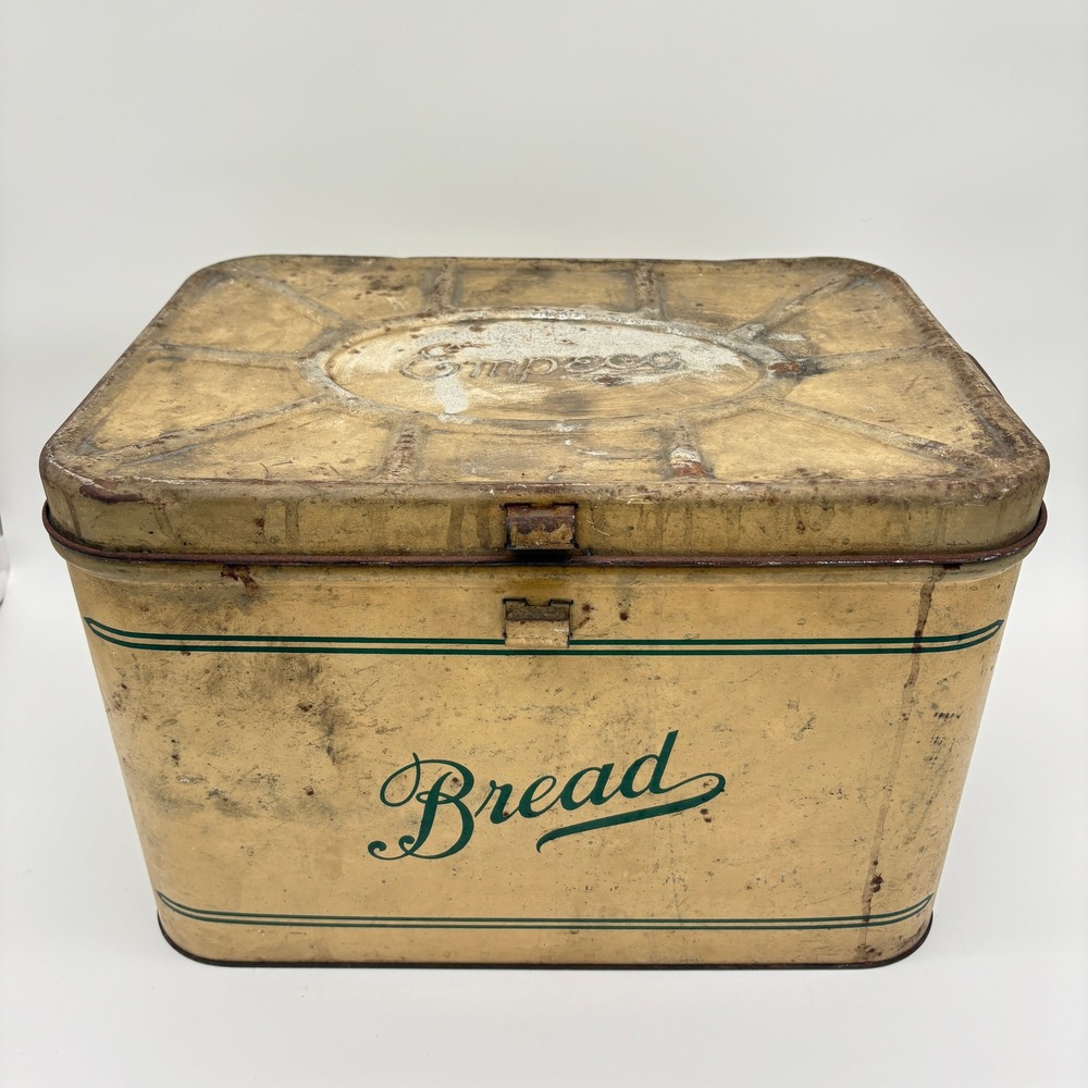 Vintage Metal Bread Box Cream Green Rustic Farmhouse Primitive Distressed Patina